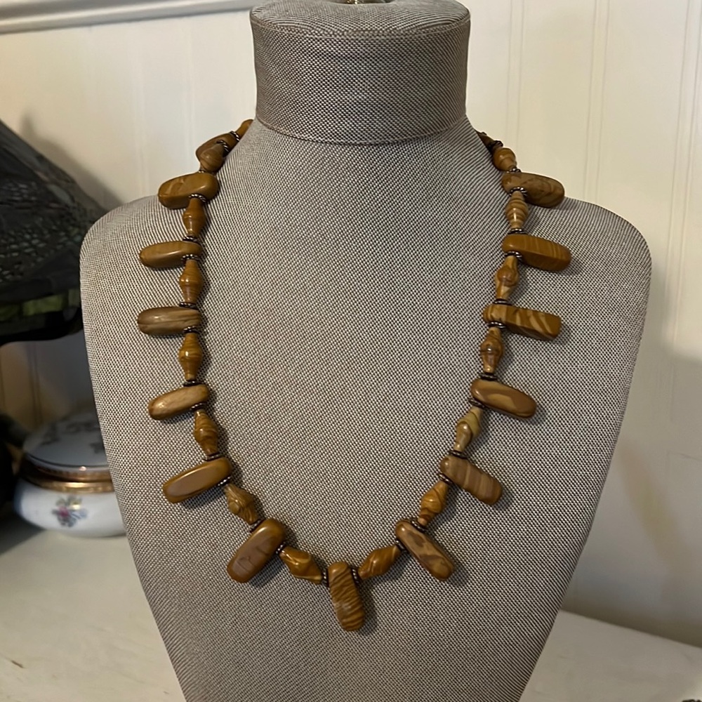 Handmade polished marbled brown stone necklace 19”